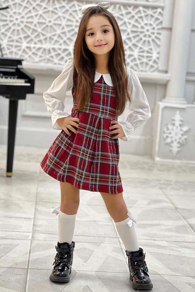 Kız Çocuk Üzeri Kare Çizgili İspanyol Kol Bebe Yakalı Kırmızı Elbise ürün görseli