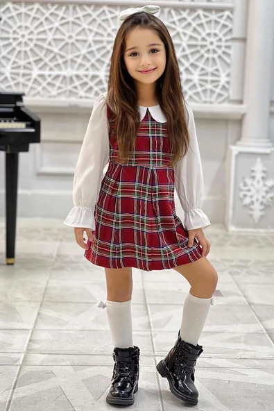 Kız Çocuk Üzeri Kare Çizgili İspanyol Kol Bebe Yakalı Kırmızı Elbise - Resim 7