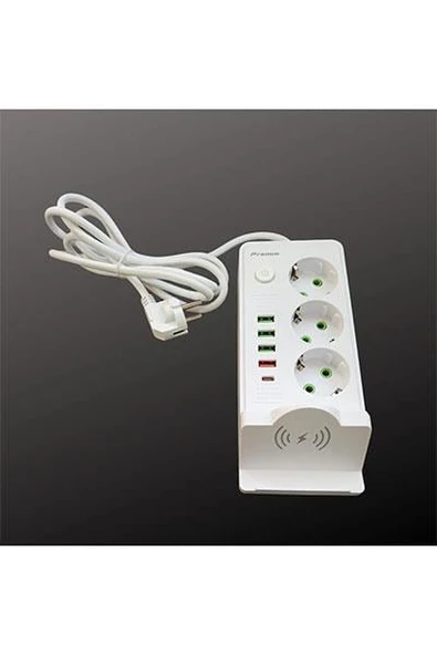 Premio 3 lü Temassız Hızlı Şarj 4 USB' Li 1 TYP-C Girişli Grup Priz Beyaz Renk - 3