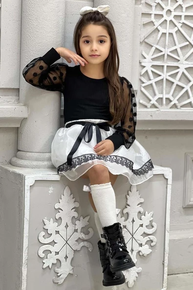 Kız Çocuk Kolları Puantiye ve Şeffaf Tül Detaylı Siyah Kazak Üzeri Güpür Tüllü Saten Etekli Takım - 6