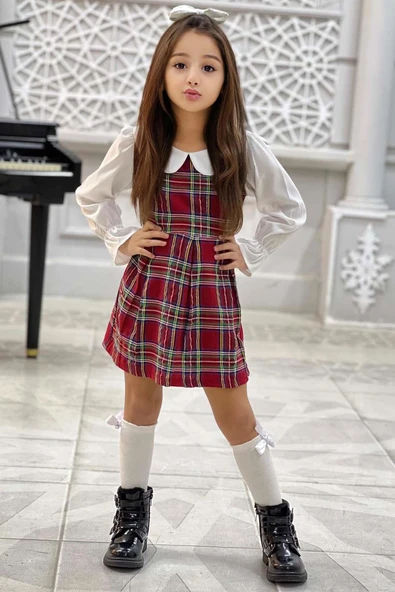Kız Çocuk Üzeri Kare Çizgili İspanyol Kol Bebe Yakalı Kırmızı Elbise - Resim 3