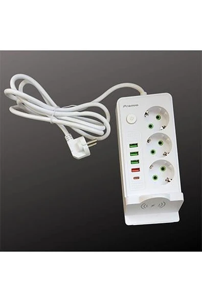 Premio 3 lü Temassız Hızlı Şarj 4 USB' Li 1 TYP-C Girişli Grup Priz Beyaz Renk - 2