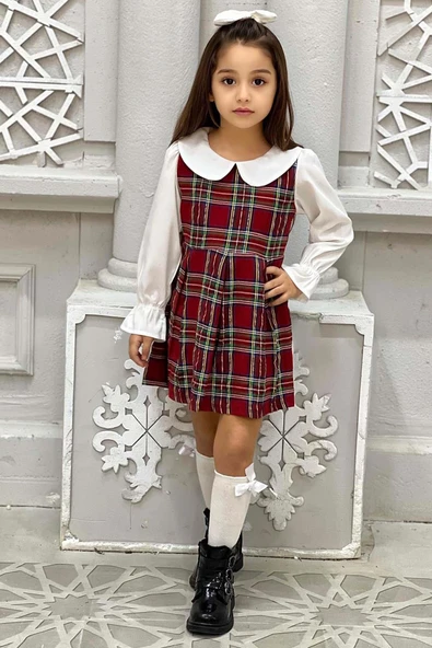 Kız Çocuk Üzeri Kare Çizgili İspanyol Kol Bebe Yakalı Kırmızı Elbise - Resim 2