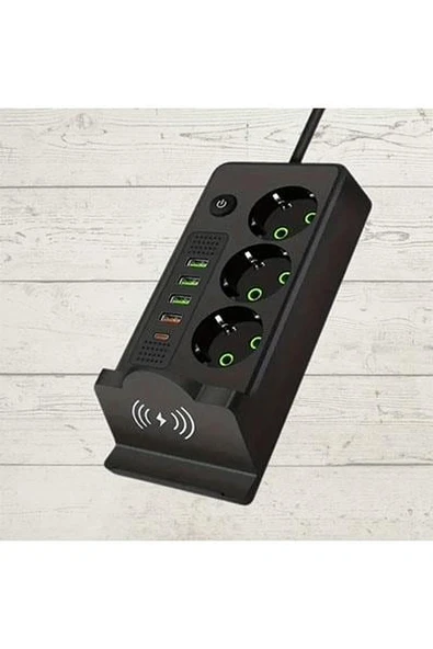 Premio 3 lü Temassız Hızlı Şarj 4 USB' Li 1 TYP-C Girişli Grup Priz Siyah Renk - 2