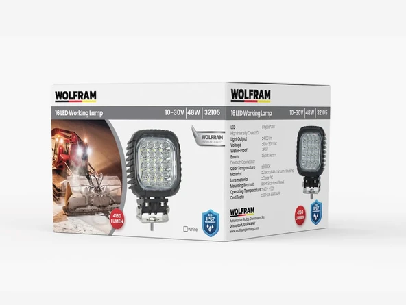 wolfram Led Kare Çalışma Lambası Ağır Hizmet 4.160 Lümen Spot 10/30V E-Belgeli 48W