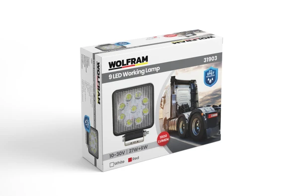 wolfram Led Kare Çalışma Lambası 9 Led Beyaz Işık + Kırmızı Stop Fonksiyonlu 10/30V E-Belgeli 27+6W