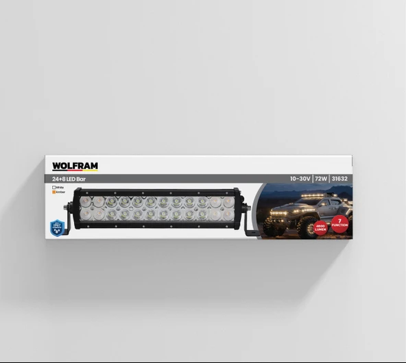wolfram Led Bar Beyaz Işık + Amber Işık 7 Fonksiyon Çakarlı 32 cm 12/24V E-Belgeli 72W