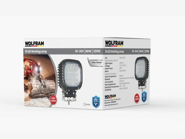 wolfram Led Kare Çalışma Lambası Ağır Hizmet 4.160 Lümen Flood 10/30V E-Belgeli 48W