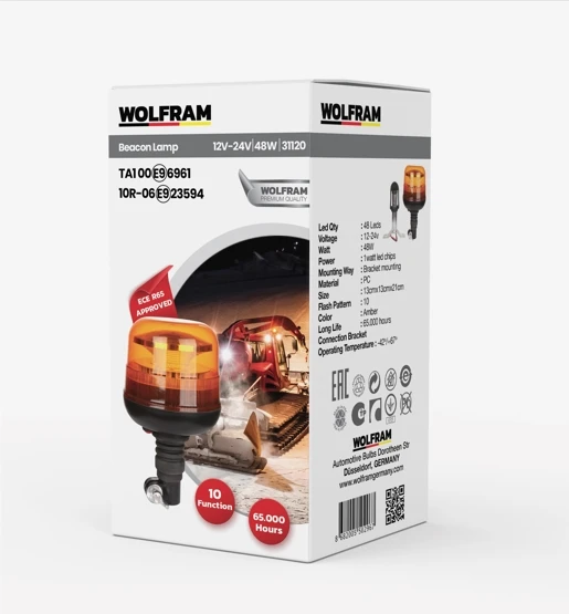 wolfram Led Tepe Döner İkaz Lambası Körük Bağlantılı 10 Fonksiyon 12/24V E-Belgeli 48W