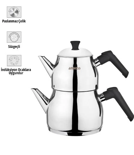 Amboss Cooper 3 Parça Paslanmaz Çelik Süzgeçli Çaydanlık Seti - Resim 3