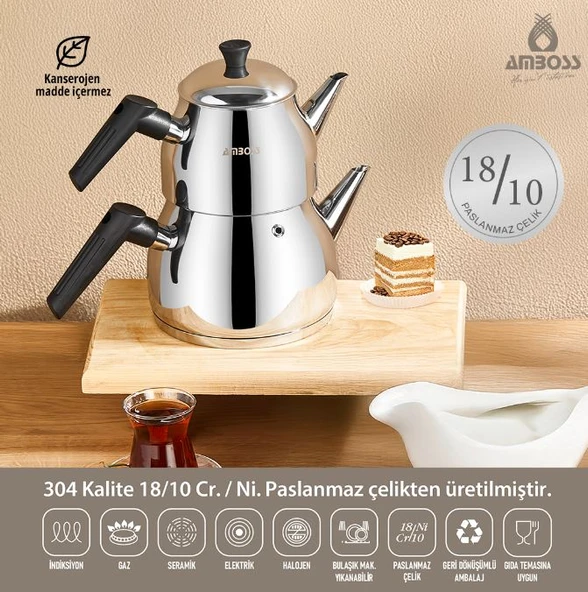 Amboss Cooper 3 Parça Paslanmaz Çelik Süzgeçli Çaydanlık Seti - Resim 2