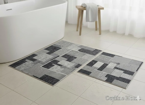 2Lİ BANYO SETİ BASKILI KARE SİYAH - Resim 3
