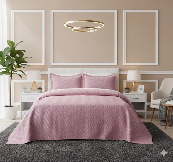 VİCENZA ÇİFT KİŞİLİK TAY TÜYÜ YATAK ÖRTÜSÜ PUDRA - Resim 3