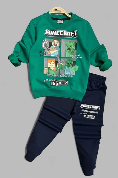 Minecraft Desenli Yeşil Renk Erkek Çocuk Eşofman Takım - 2