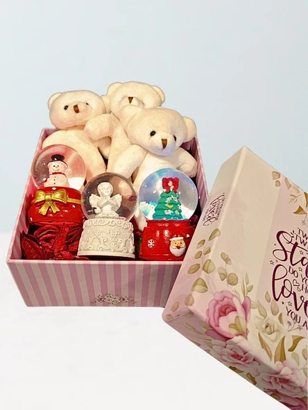 Sevgiliye Özel Kutu İçinde 3 Adet Işıklı Mini Küre ve Yavru Ayıcıklar Hediye Kutusu - 3