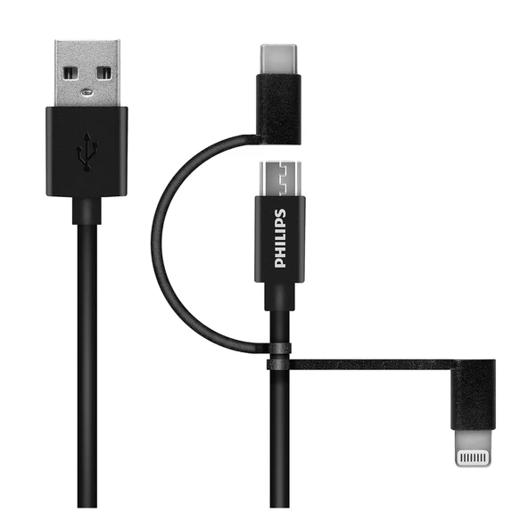 Philips MFI Apple Lisanslı İphone 16 Pro 3in1 Micro Usb-Lightining-Type-C Hızlı Şarj ve Data Kablosu 2m Siyah DLC3106T