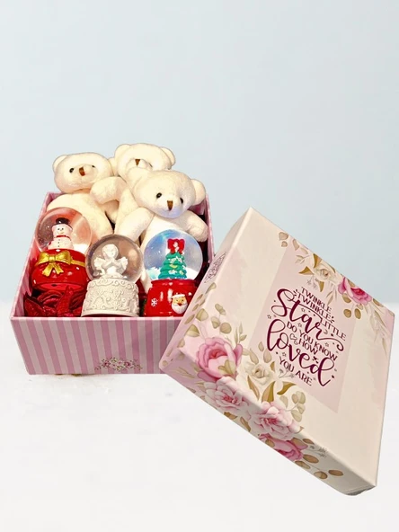 Sevgiliye Özel Kutu İçinde 3 Adet Işıklı Mini Küre ve Yavru Ayıcıklar Hediye Kutusu - 2