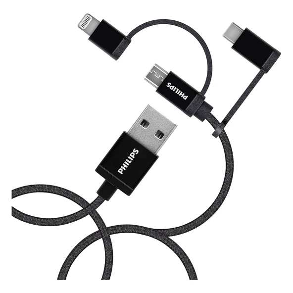 Philips MFI Apple Lisanslı İphone 16 3in1 Micro Usb-Lightining-Type-C Hızlı Şarj ve Data Kablosu 2m Siyah DLC3106T - Resim 3
