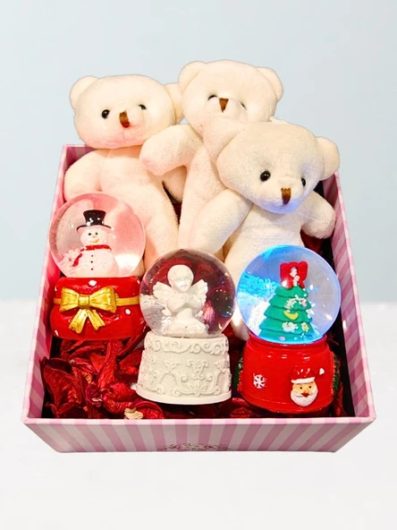 Sevgiliye Özel Kutu İçinde 3 Adet Işıklı Mini Küre ve Yavru Ayıcıklar Hediye Kutusu