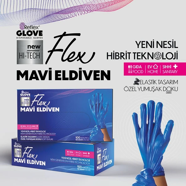 Flex tek kullanımlık pudrasız tpe eldiven 100'lü L-XL mavi - 2