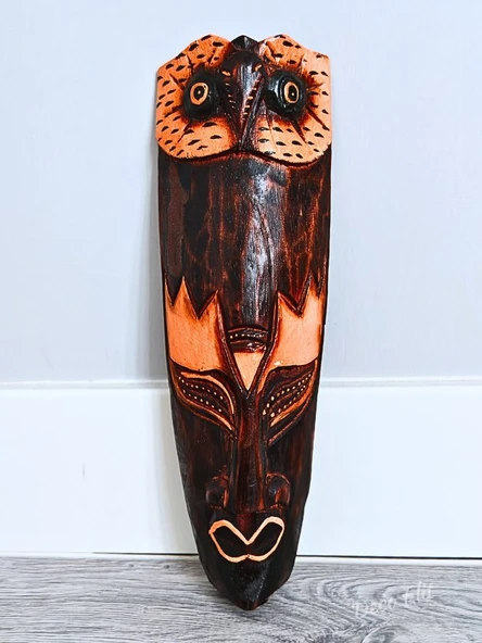 Ahşap Oyma Baykuş Surat Mask Totem Aborjin Tipi Duvar Objesi Mindi Ağacı El Oyması 30 cm - 2