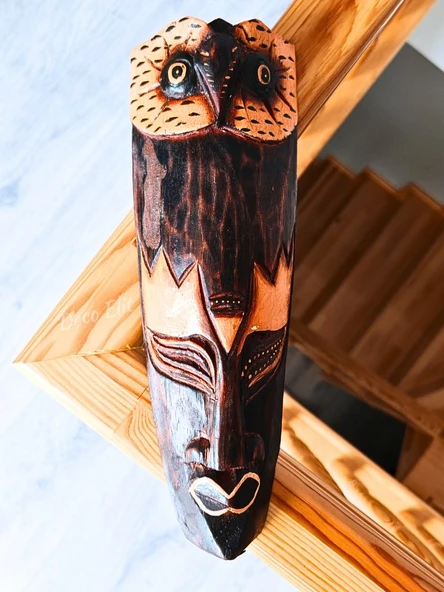 Ahşap Oyma Baykuş Surat Mask Totem Aborjin Tipi Duvar Objesi Mindi Ağacı El Oyması 30 cm