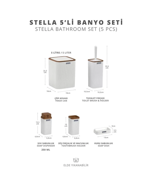 Okyanus Home Stella Beyaz Ahşap Desenli Çizgili 5'li Banyo Seti - 5