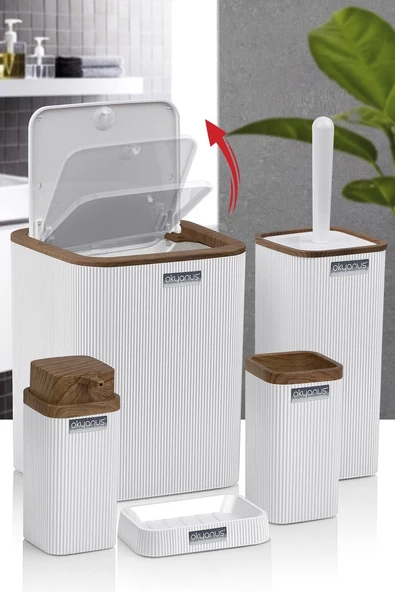 Okyanus Home Stella Beyaz Ahşap Desenli Çizgili 5'li Banyo Seti - 2