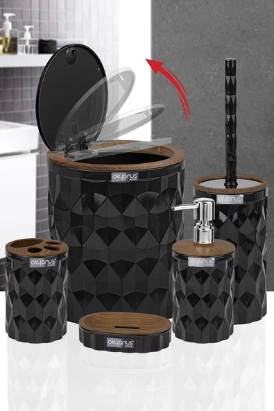 Okyanus Home Diamond Siyah Ahşap Click Kapak Banyo Seti 5'li - 2