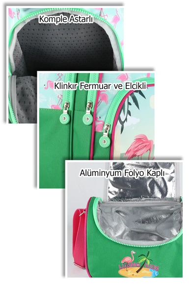 Lugmo Flamingo 3 Lü İlkokul Çanta Seti  Kız Çocuk Çantası Astarlı Pedli Yeşil-Pembe - 8