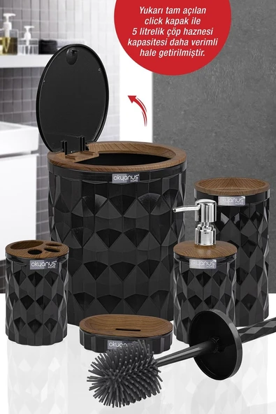 Okyanus Home Diamond Siyah Ahşap Click Kapak Banyo Seti 5'li - 3