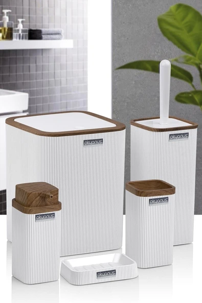 Okyanus Home Stella Beyaz Ahşap Desenli Çizgili 5'li Banyo Seti - 4