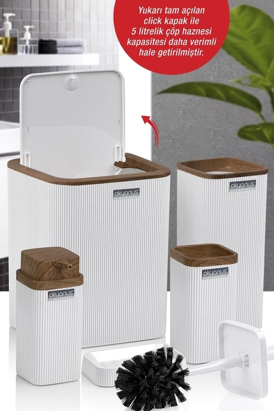 Okyanus Home Stella Beyaz Ahşap Desenli Çizgili 5'li Banyo Seti - 3