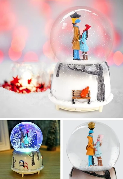 El Ele Tutuşan Aşıklar Kar Küresi Orta Boy Işıklı Müzikli 12cm - 2