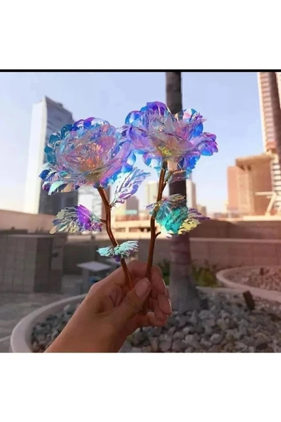 3 adet Sonsuzluk Gülü Rengarenk Hologramlı Sevgiliye Hediye 24 Cm - 2