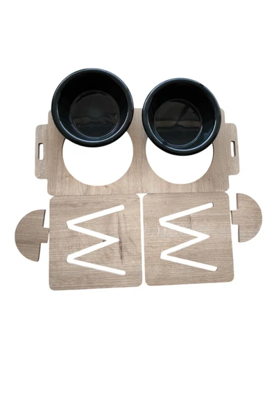 Ayarlanabilir Ahşap 2 Plastik Taslı Kedi Ve Köpek Mama Ve Su Kabı SİYAH - 6