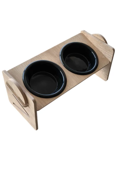 Ayarlanabilir Ahşap 2 Plastik Taslı Kedi Ve Köpek Mama Ve Su Kabı SİYAH - 2