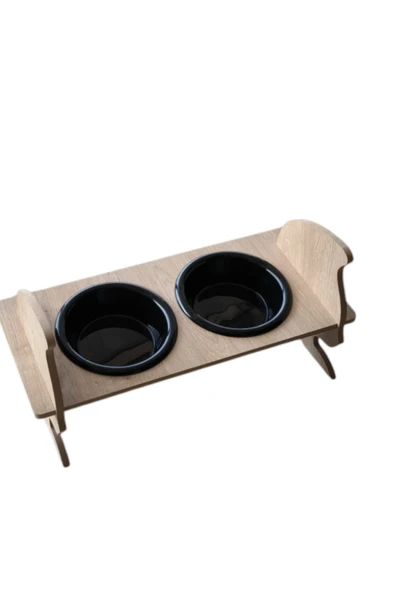 TİNEKE KEDİ KAFALI AHŞAP 2 Plastik Taslı Kedi Ve Köpek Mama Ve Su Kabı SİYAH