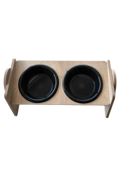 Ayarlanabilir Ahşap 2 Plastik Taslı Kedi Ve Köpek Mama Ve Su Kabı SİYAH - 4
