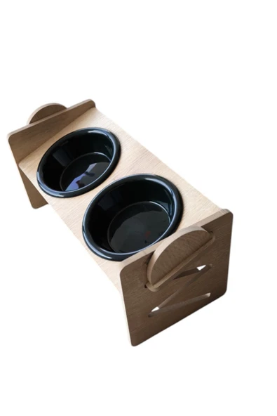 Ayarlanabilir Ahşap 2 Plastik Taslı Kedi Ve Köpek Mama Ve Su Kabı SİYAH - 3