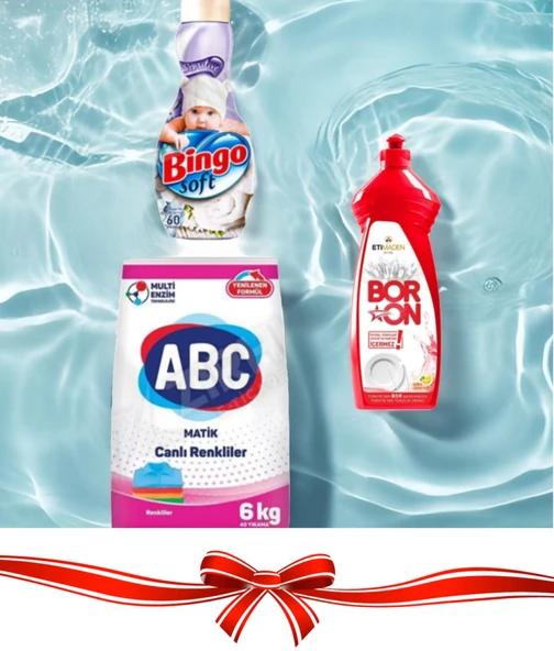 ABC ÇAMAŞIR DETERJANI 6 KG+ BİNGO YUMUŞATICI+ BULAŞIK DETERJANI 820 ML