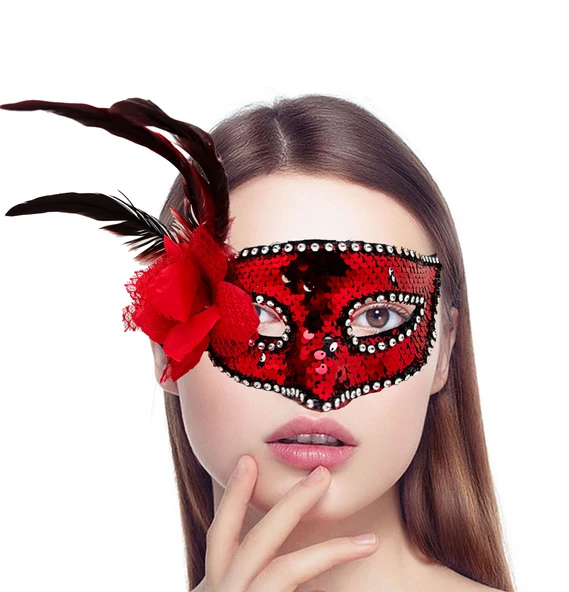 Kırmızı Yandan Tüylü Güllü Taşlı Pullu Maske