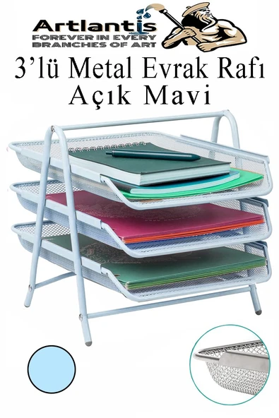 Metal Evrak Rafı 3 lü 1 Paket Masa Üstü A4 Dosya Düzenleyici Kağıt Tepsisi Metal Fileli Üç Katlı Hareketli Perfore - 3