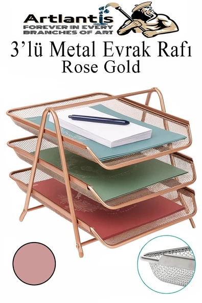 Metal Evrak Rafı 3 lü 1 Paket Masa Üstü A4 Dosya Düzenleyici Kağıt Tepsisi Metal Fileli Üç Katlı Hareketli Perfore - 5