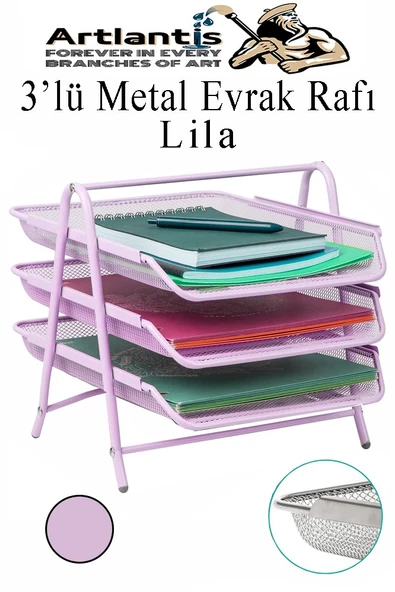Metal Evrak Rafı 3 lü 1 Paket Masa Üstü A4 Dosya Düzenleyici Kağıt Tepsisi Metal Fileli Üç Katlı Hareketli Perfore - 2