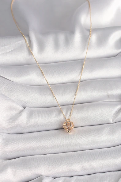 Pirinç Gold Renk 3D Zirkon Taşlı Elmas Model Kadın Kolye - TJ-BKO9829 - 2