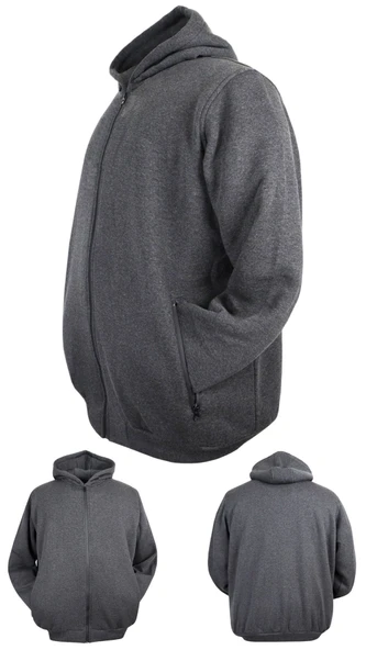 Erkek Büyük Beden 105 - 185 Kilo Arası İçin Uygun Kapüşonlu 3 İplik Şardonlu Kışlık Kalın Sweat Mont - 6