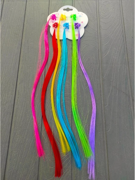 6 Lı Mandal Tokalı Rainbow Renkli Saç Tüyü Takma Postiş Saç Mandal - 4