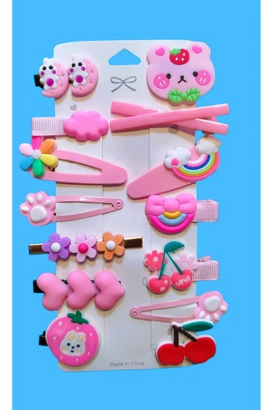 Pembe Tema  14 Lü Set Çocuk Saç Tokası Seti Çoklu Figürlü Toka Set - 2