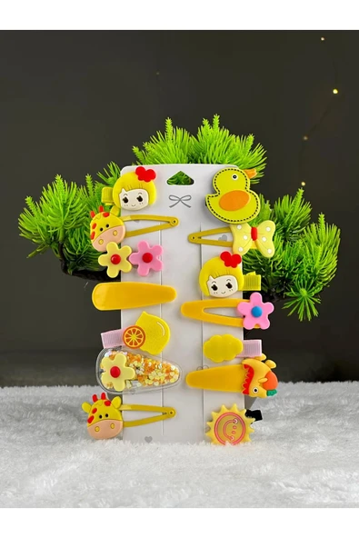 Sarı Hayvan Tema  13 Lü Set Çocuk Saç Tokası Seti Çoklu Figürlü Toka Set - 4